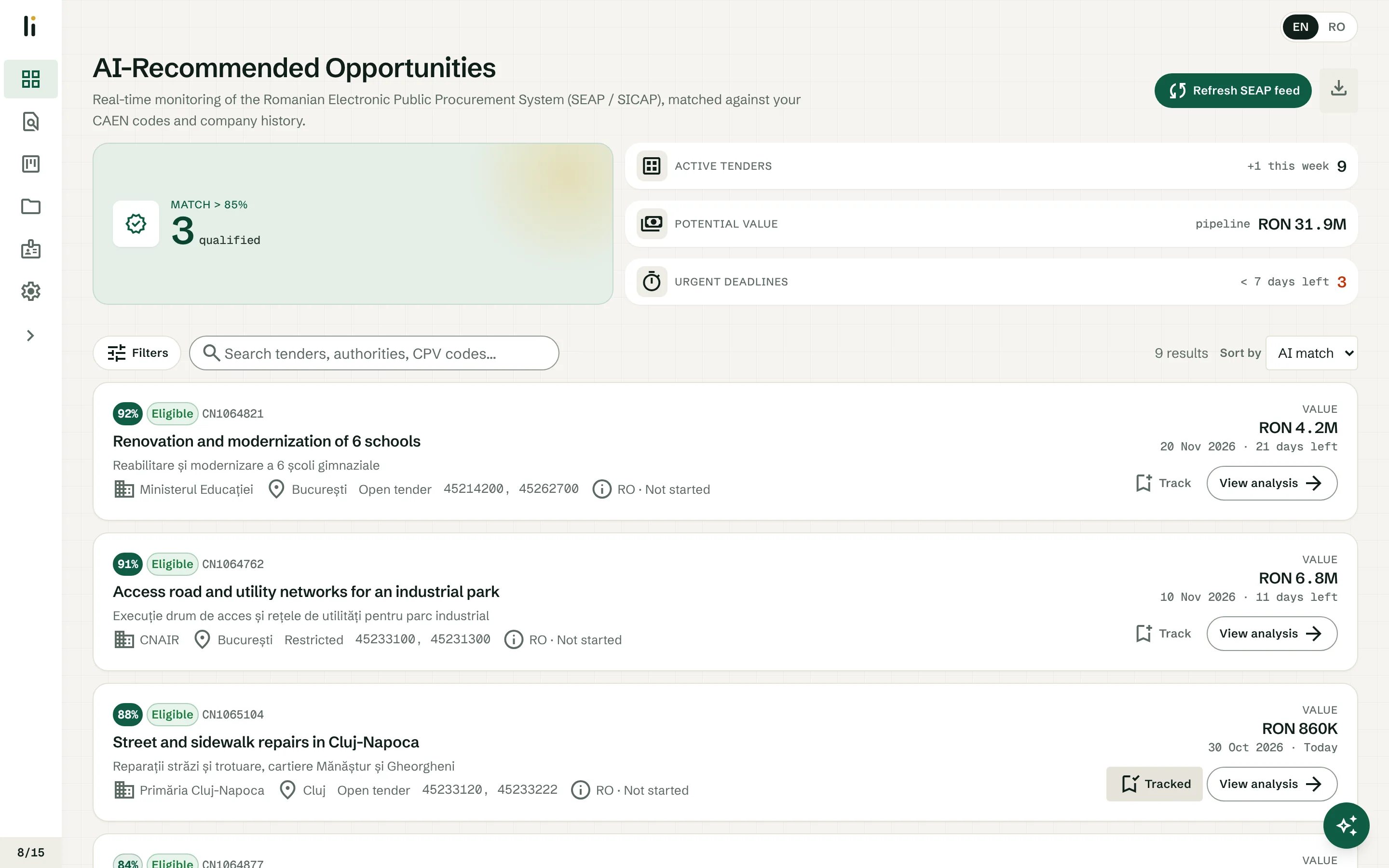 The Licits dashboard: recommended tenders with match scores, eligibility verdicts, values and deadlines, and filters on the left.